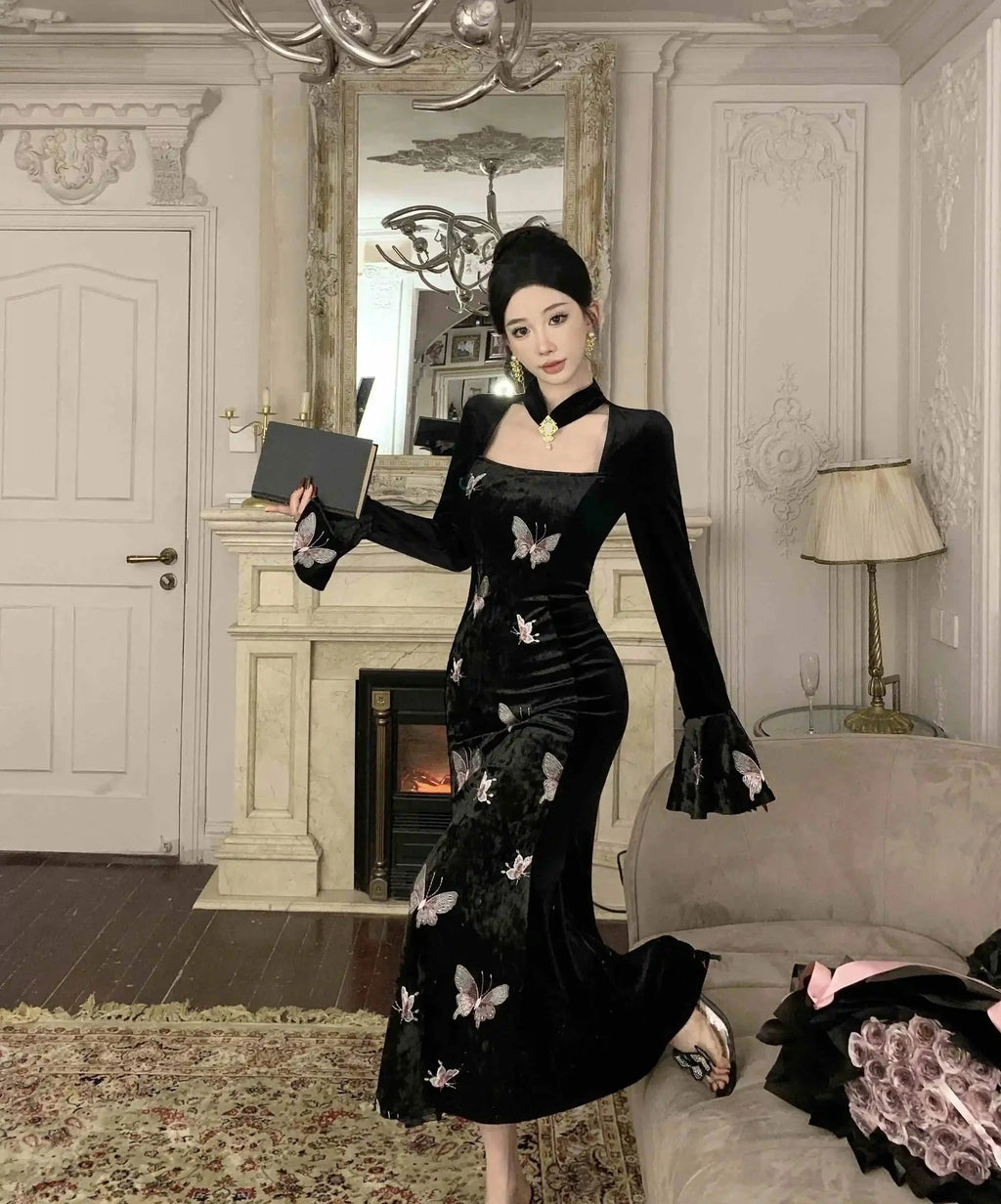 2-Piece Dark Fairy Butterfly Embroidered Velvet Dress with Choker