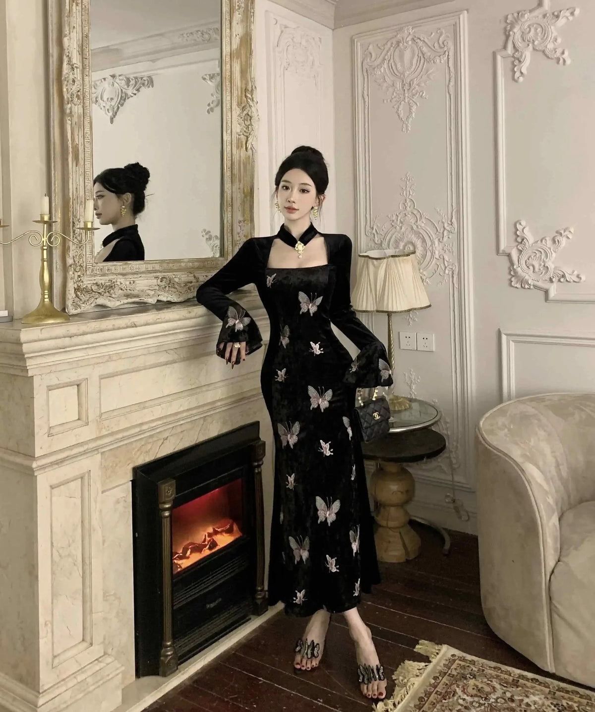 2-Piece Dark Fairy Butterfly Embroidered Velvet Dress with Choker